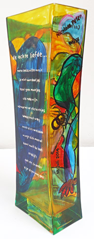 Glazen vaas beschilderd met glasverfin opdracht uitgevoerd, voor huwelijk, verjaardag, kado relatiegeschenk, kunstkado