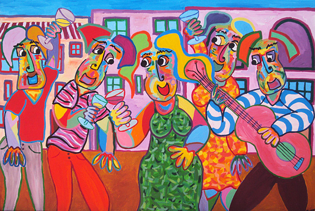 Schilderij Fiesta van Twan de Vos, acryl op linnen,feest op het dorpsplein, muziek maken en dansen, de flamengo, kunst