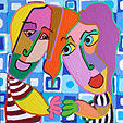 schilderij kunst oogcontact liefde contact Schilderij Oogcontact, twee verliefde mensen verliezen elkaar in de ogen