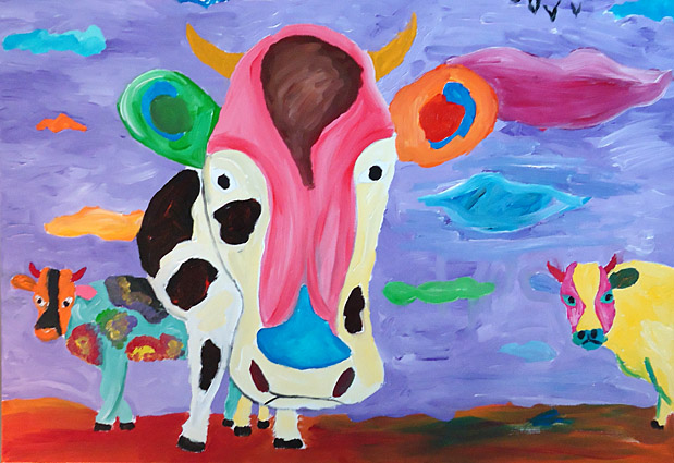 schilderij van workshop schilderen op lokatie, in dit geval Hotel Delta in Vlaardingen, 3 prachtige koeien