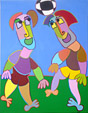 Painting acryl on canvas Head-to-head fight by Twan de Vos, two soccer players both go with their head to the ball