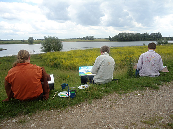 Schilder workshop aan de rijn bij Wageningen, een middag schilderen in de uiterwaarden bij het atelier van kunstenaar Twan de Vos, de bovenste Polder, landschapschilderen, landschap schilderen, abstract, naar de waarneming met acrylverf op doek, Ede, Veenendaal, Arnhem, Betuwe, Bennekom, Oosterbeek, Tiel, Rhenen, Utrecht