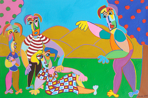 painting art family deliberation holiday parents children nature landscape orchard