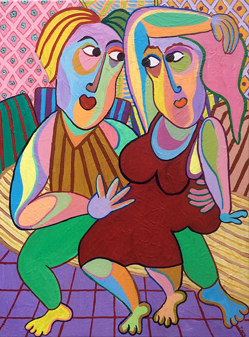 Painting "Lounge Talk" by Twan de Vos, relaxed conversation between the cushions