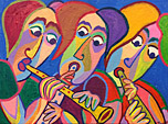 Schilderij Musica van Twan de Vos, 3 muzikanten maken samen muziek