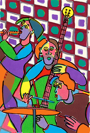 zeefdruk kunst relatiegeschenk muziek zang jazz instrument bluess drummen contrabas blokfluit