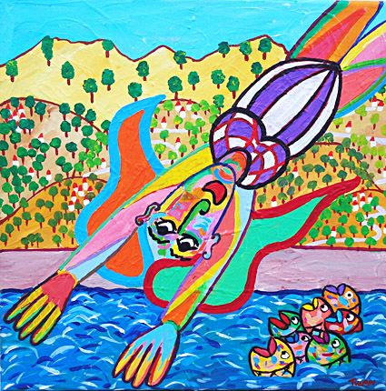 Painting Surprised fish by Twan de Vos, woman dives from a high rock in the water during the holidays, the fish have their own thoughts