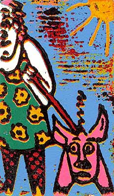 Linocut Pigs Weather by Twan de Vos, bad weather