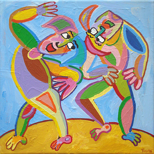 Schilderij Wilde dans van Twan de Vos, acryl op linnen, twee dansers gaan uit hun dak