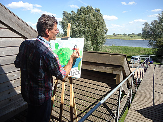 Schilder workshop aan de rijn bij Wageningen, een middag schilderen in de uiterwaarden bij het atelier van kunstenaar Twan de Vos, de bovenste Polder, landschapschilderen, landschap schilderen, abstract, naar de waarneming met acrylverf op doek